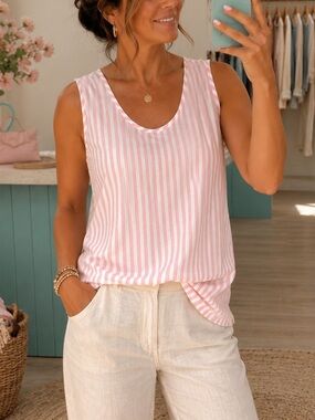 Vintage Mister Leonard Silk Blend Tank Made in Canada Pink Stripe S/M